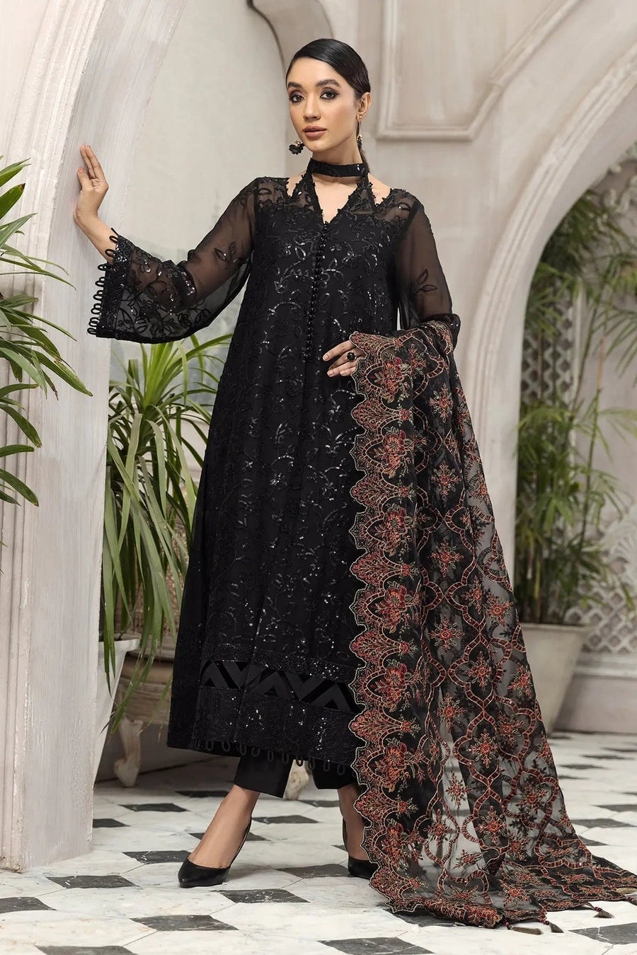 Arman Black Embroidered Chiffon Suit with Floral Organza Dupatta | Stitched & Unstitched