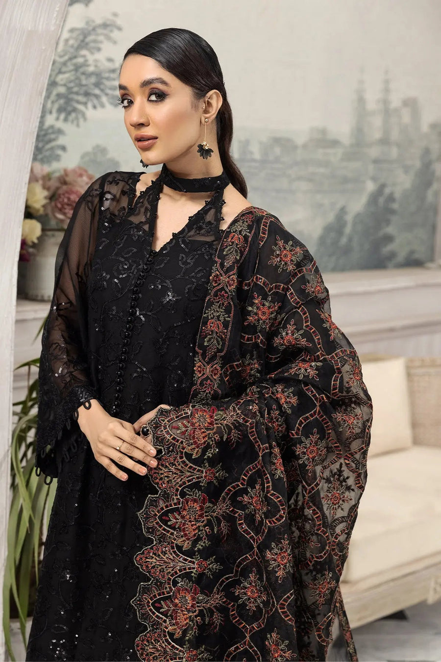 Arman Black Embroidered Chiffon Suit with Floral Organza Dupatta | Stitched & Unstitched