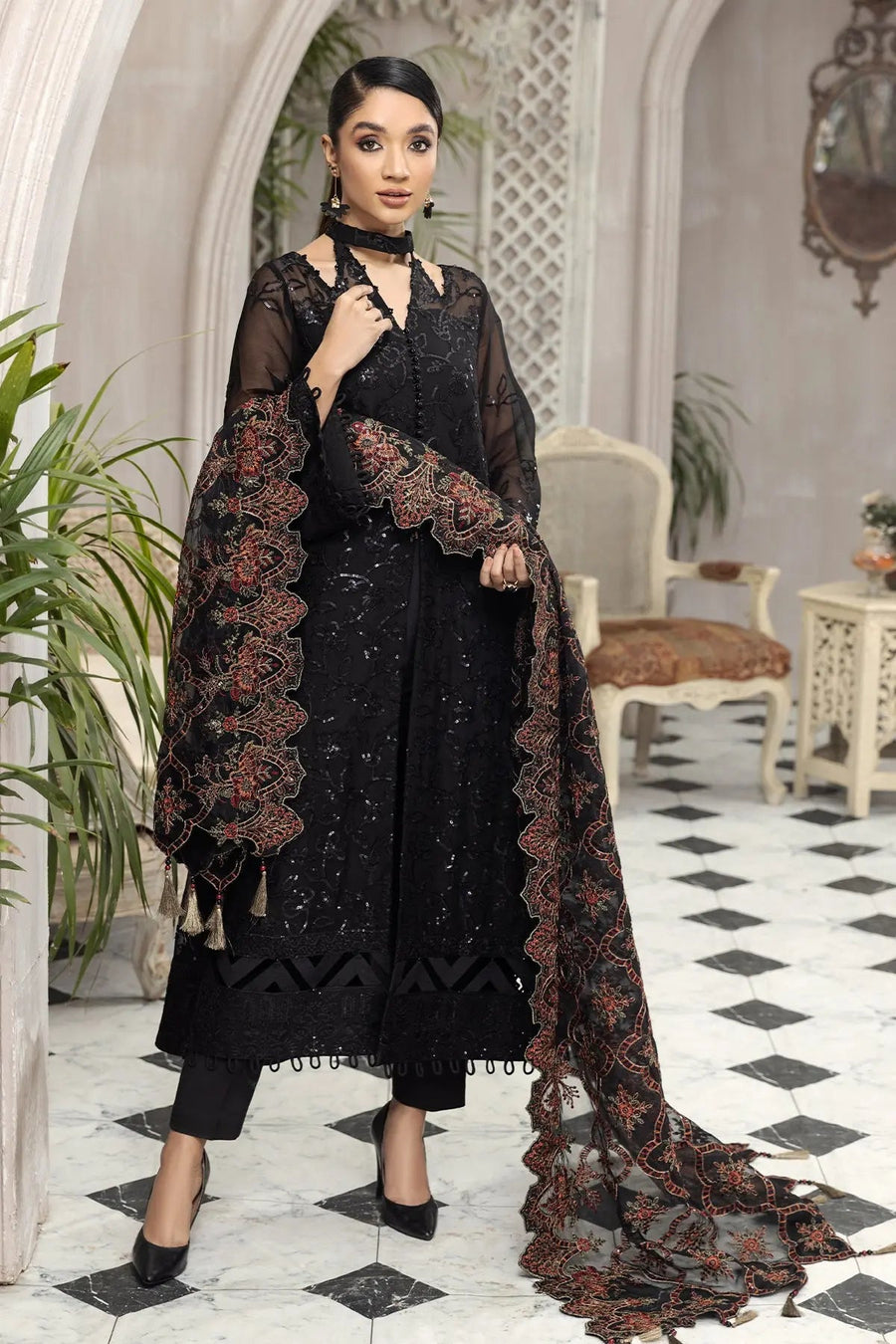 Arman Black Embroidered Chiffon Suit with Floral Organza Dupatta | Stitched & Unstitched