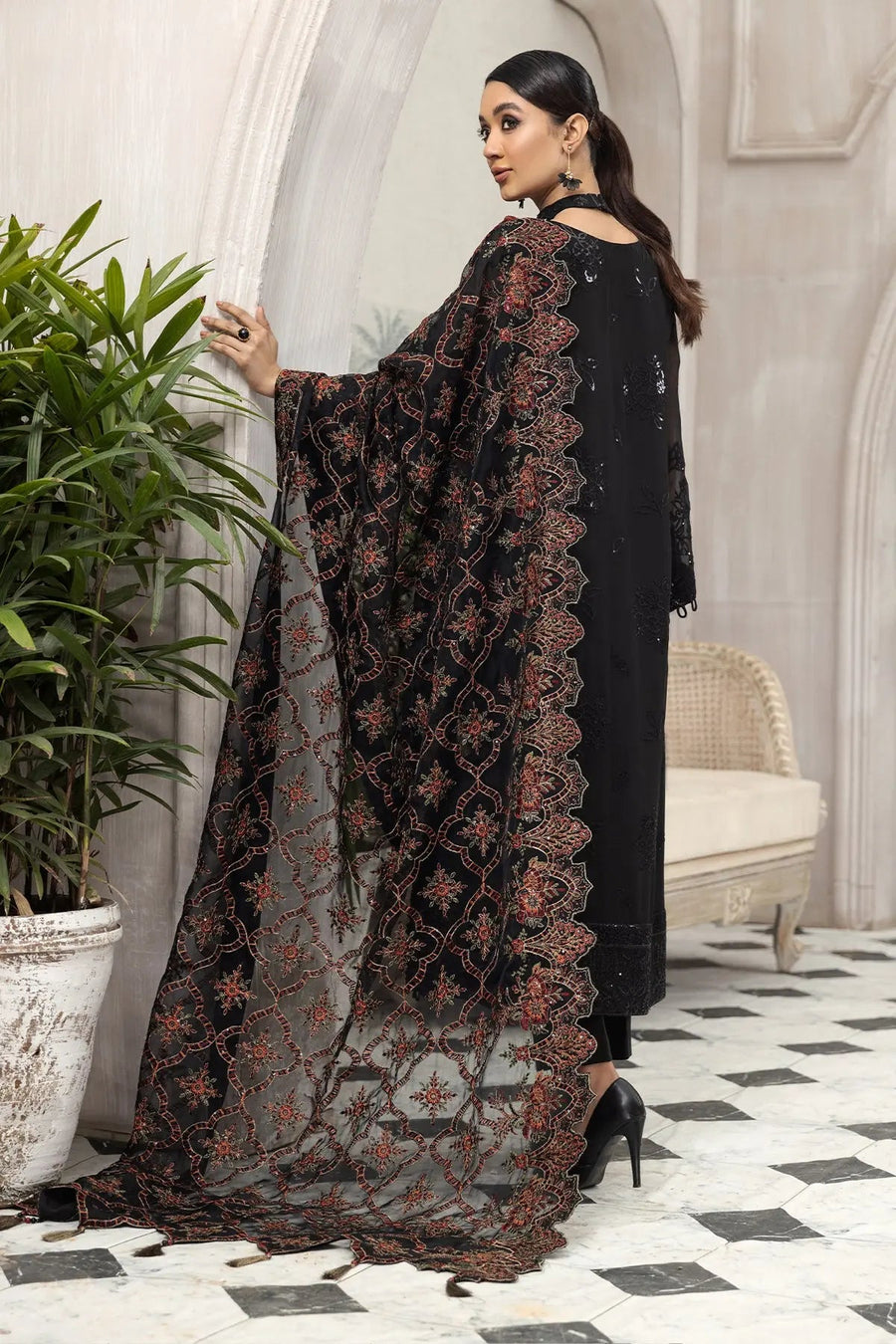 Arman Black Embroidered Chiffon Suit with Floral Organza Dupatta | Stitched & Unstitched