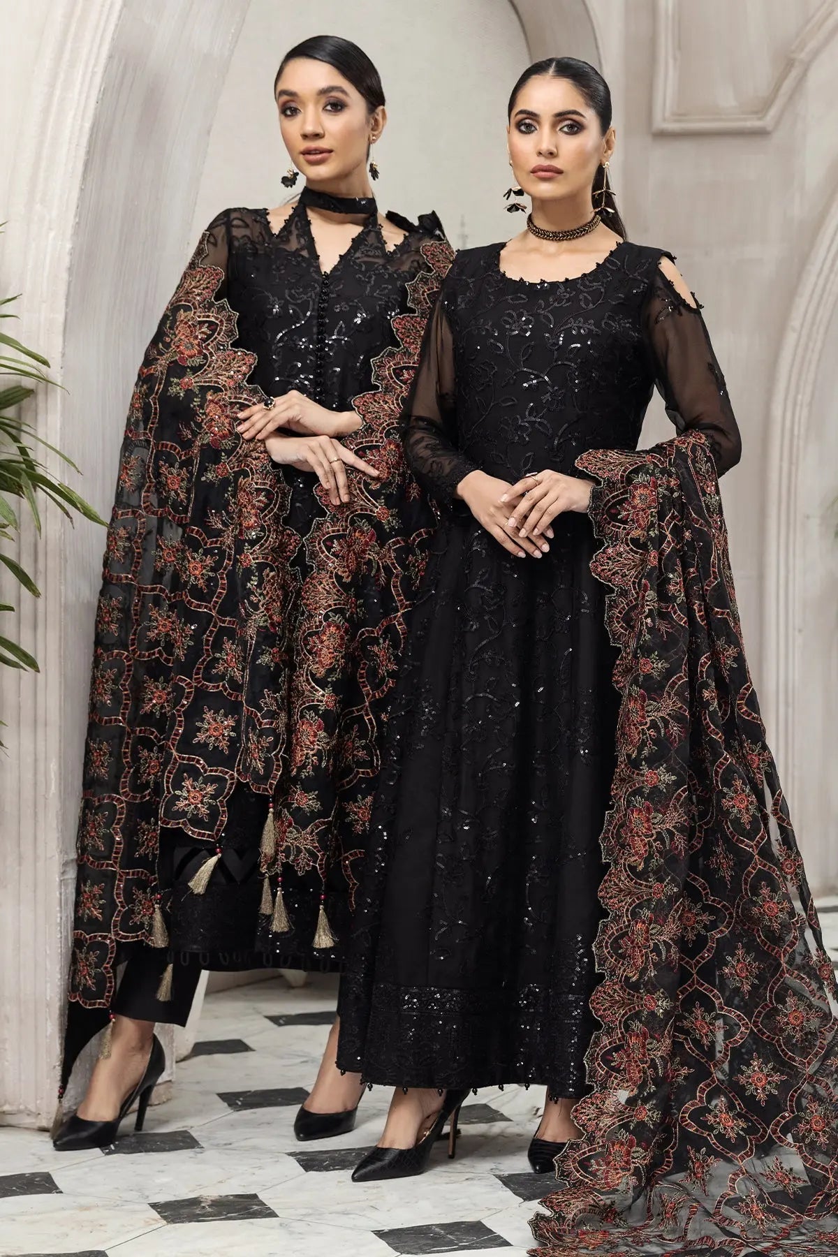 Arman Black Embroidered Chiffon Suit with Floral Organza Dupatta | Stitched & Unstitched