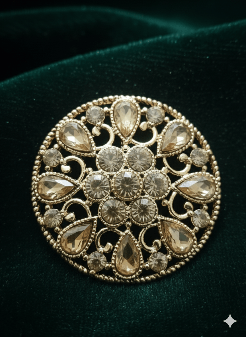 Close-up of a single round gold filigree stud earring featuring detailed floral pattern with teardrop and round crystals