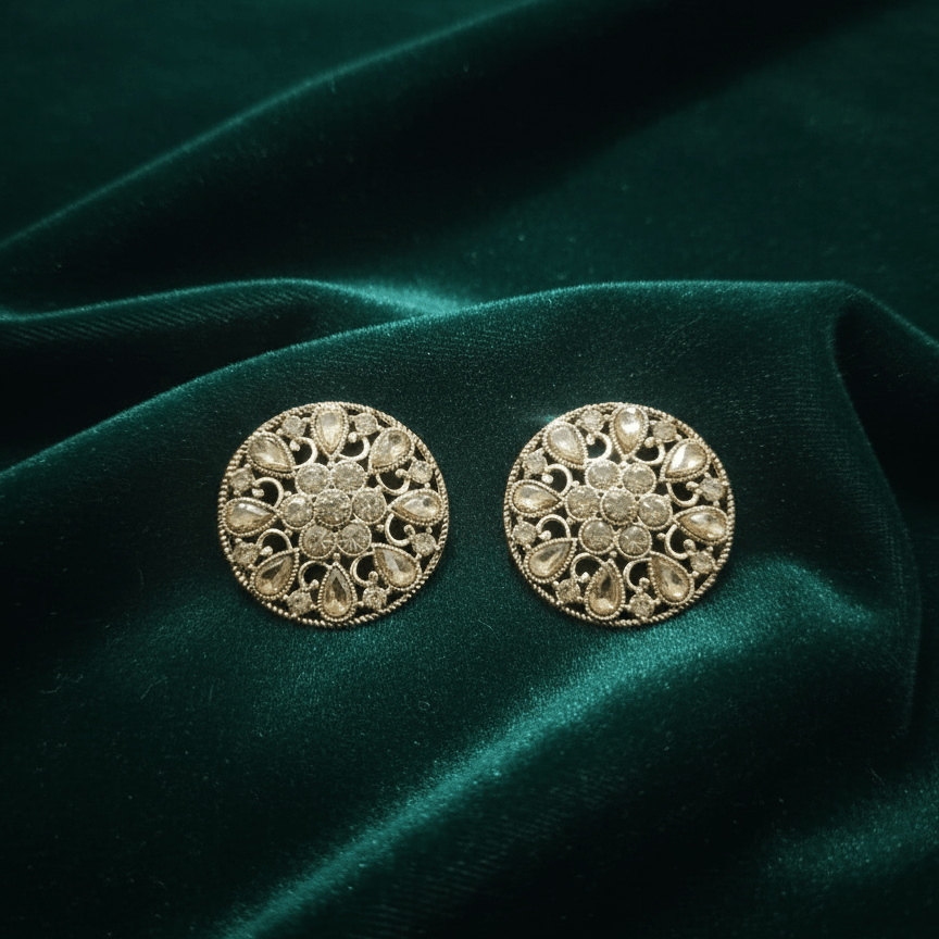 Pair of round gold filigree stud earrings with teardrop and circular crystal design resting on dark green velvet fabric