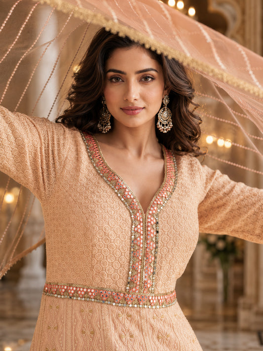 Peach Blossom Real Georgette Chikankari Anarkali Suit with Embroidered Dupatta - Pehnaawaa