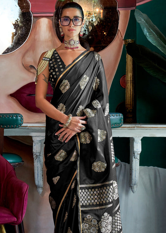 Black Glamorous Satin Silk Saree – Perfect for Cocktail & Dinner Parties