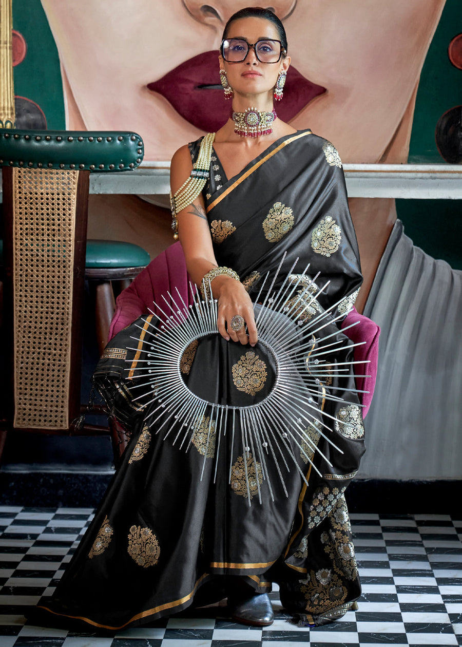 Black Glamorous Satin Silk Saree – Perfect for Cocktail & Dinner Parties