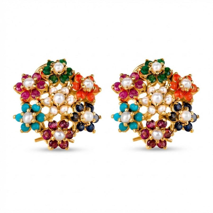 Pair of multicolor floral cluster earrings adorned with pearls and vibrant gemstones on a white background