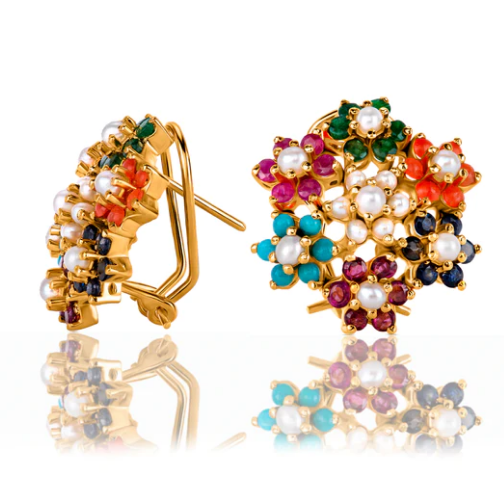 Side and front view of multicolor floral cluster earrings showing gold latch back closure
