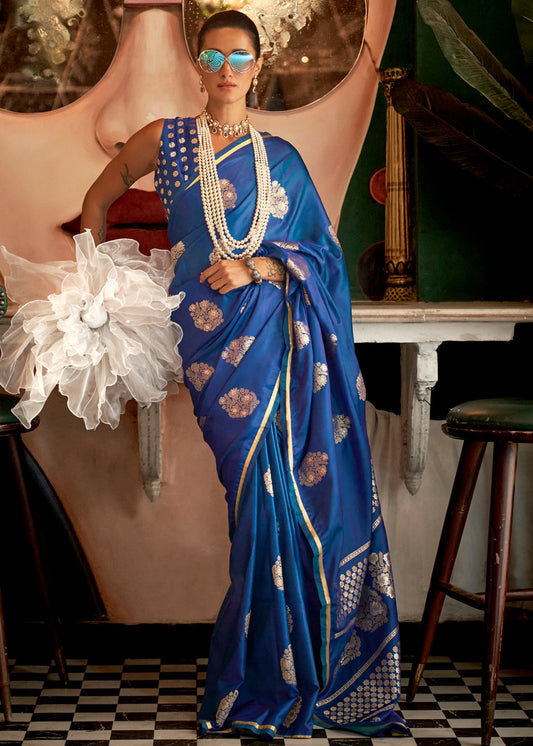 Blue Glamorous Satin Silk Saree – Perfect for Cocktail & Dinner Parties