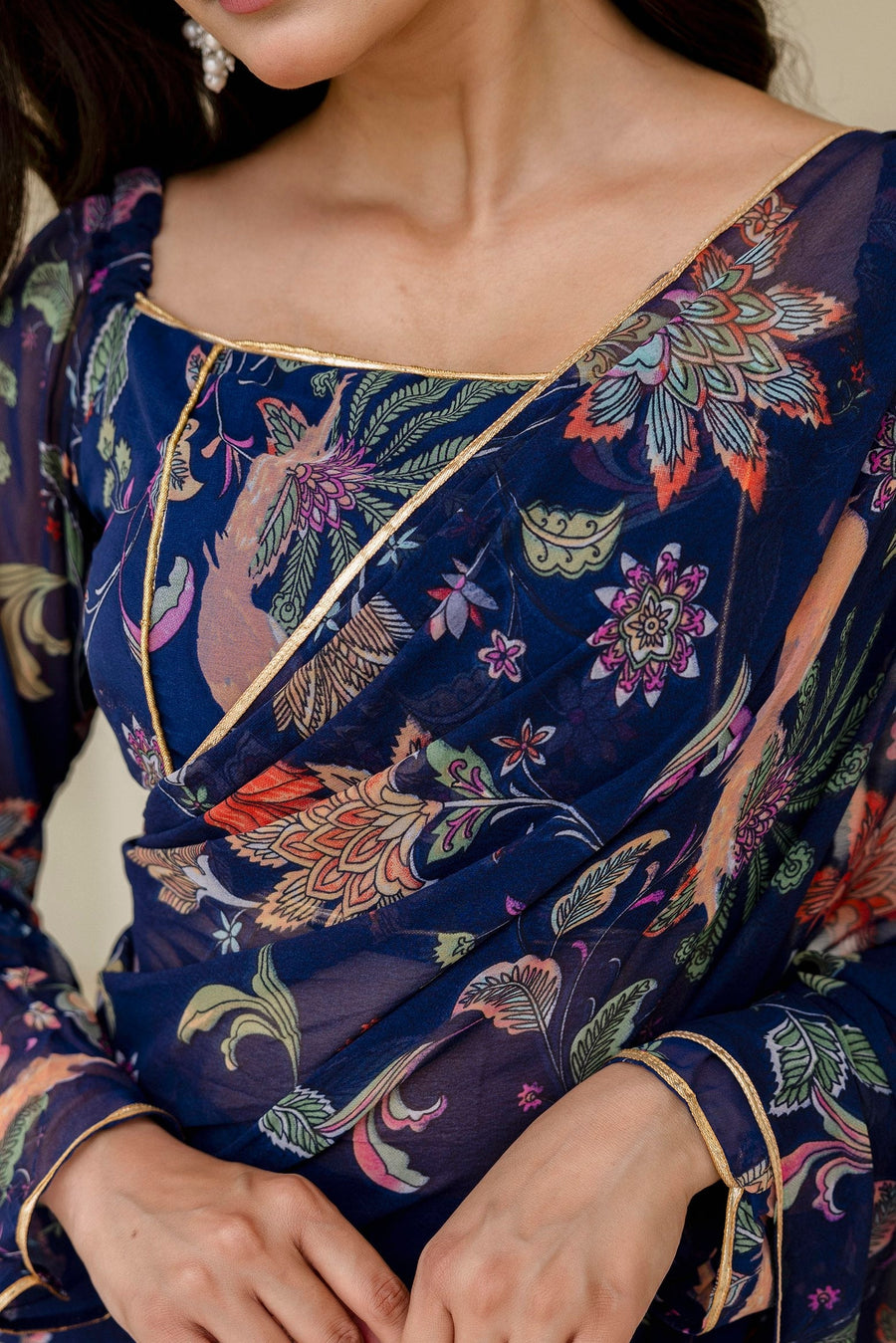 Blue Ready-to-Wear Georgette 3-Layer Ruffle Saree with Floral Digital Print & Lace Border  Stitched Blouse Included