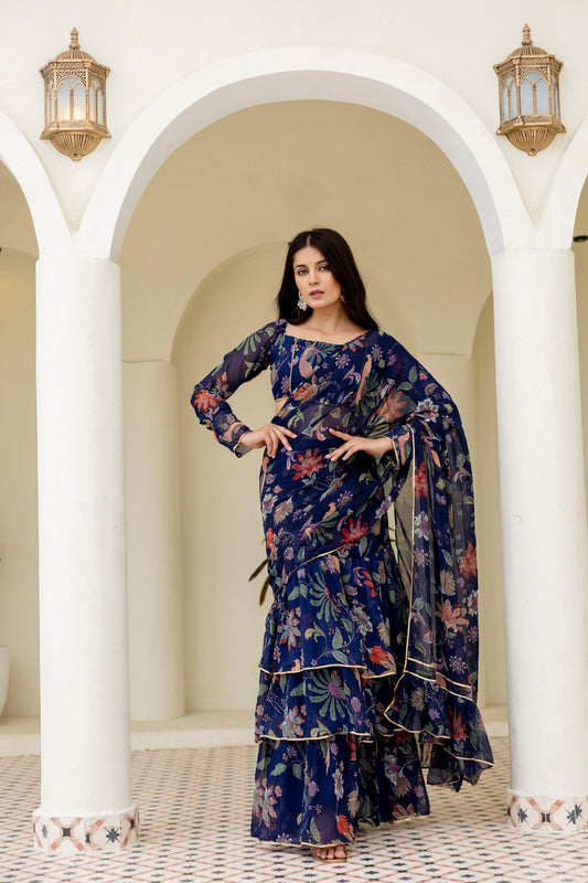 Blue Ready-to-Wear Georgette 3-Layer Ruffle Saree with Floral Digital Print & Lace Border  Stitched Blouse Included