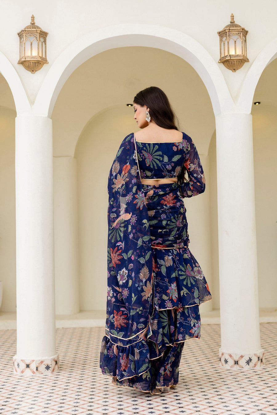 Blue Ready-to-Wear Georgette 3-Layer Ruffle Saree with Floral Digital Print & Lace Border  Stitched Blouse Included