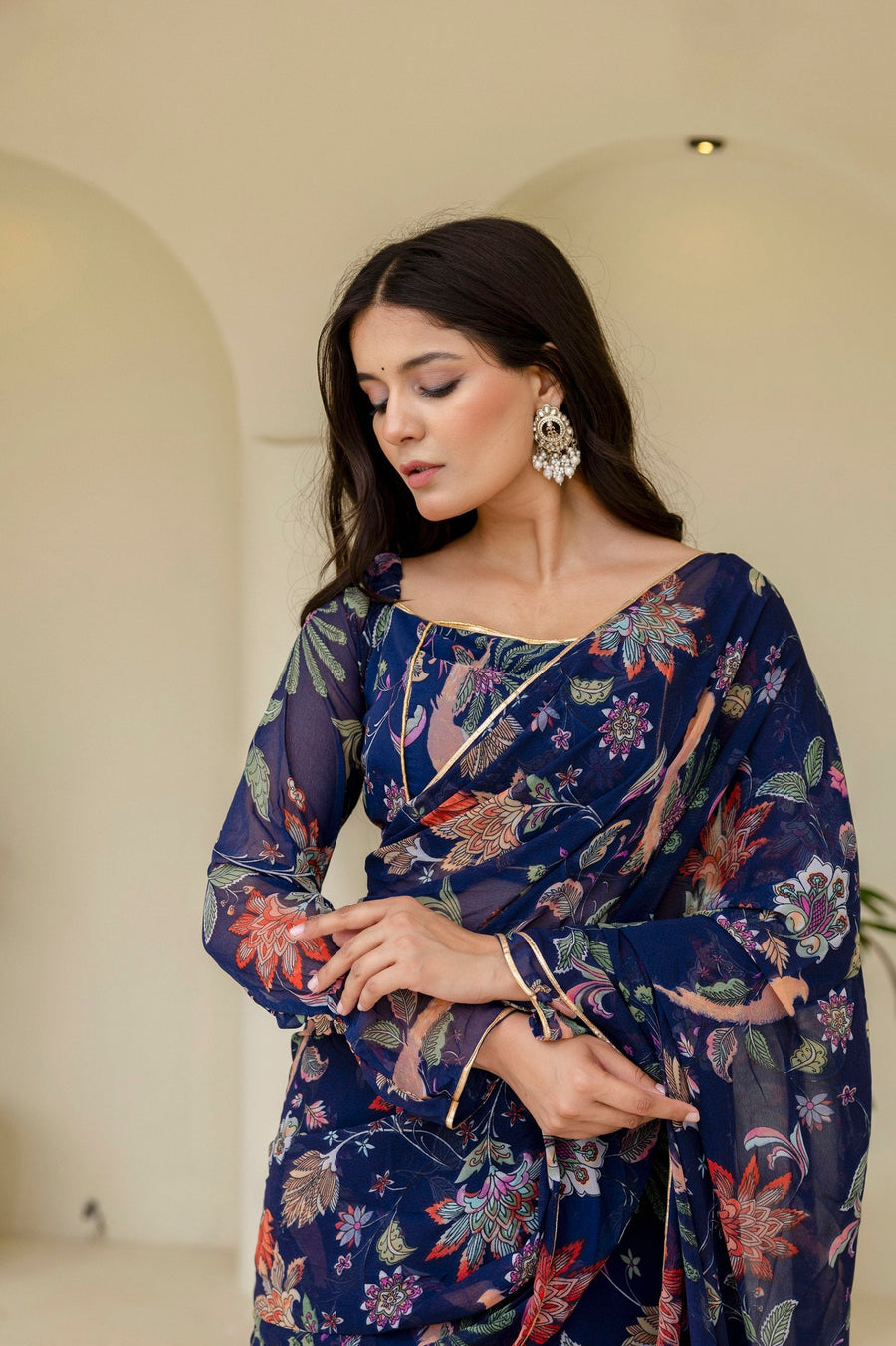 Blue Ready-to-Wear Georgette 3-Layer Ruffle Saree with Floral Digital Print & Lace Border  Stitched Blouse Included