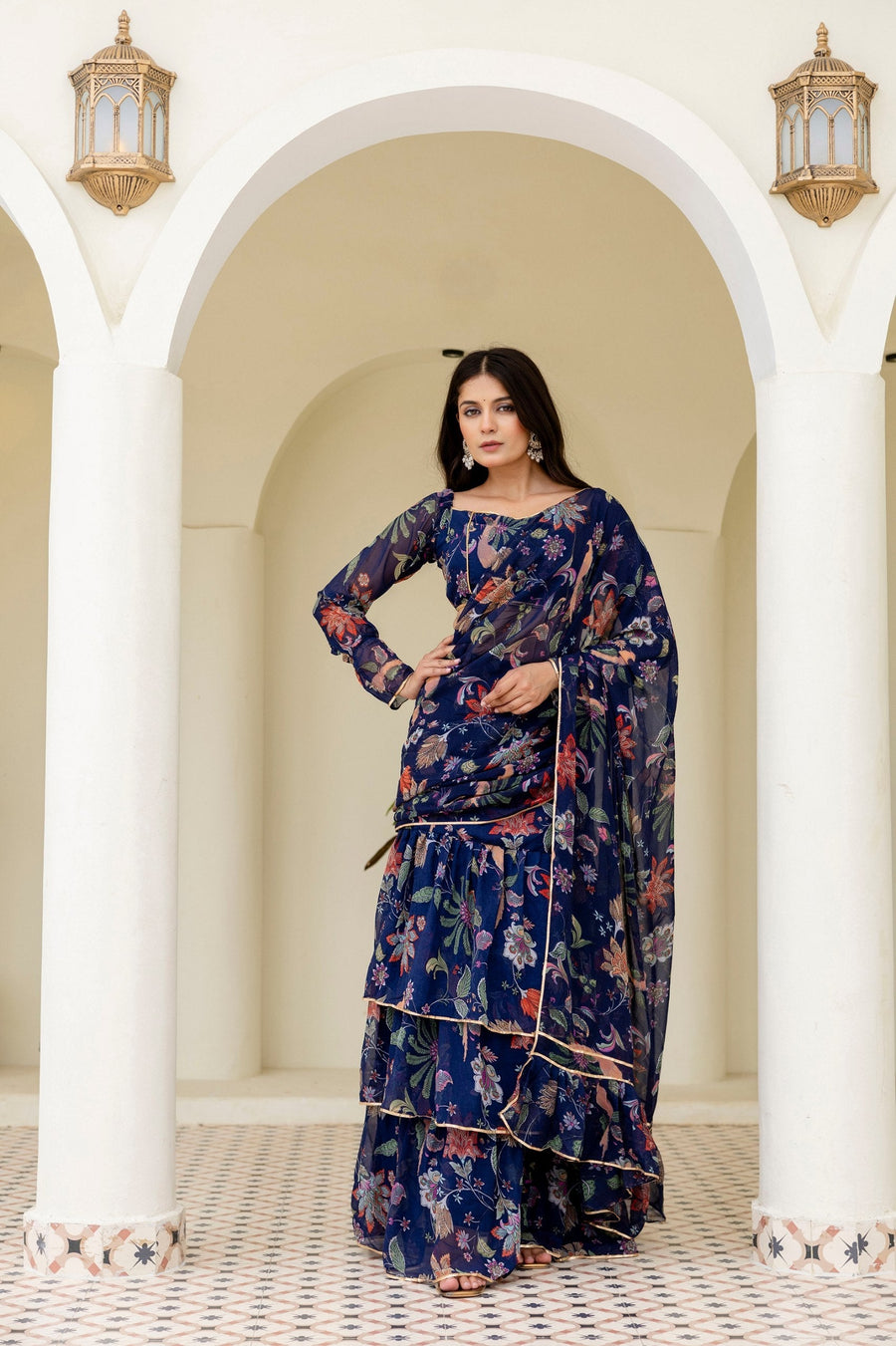 Blue Ready-to-Wear Georgette 3-Layer Ruffle Saree with Floral Digital Print & Lace Border  Stitched Blouse Included