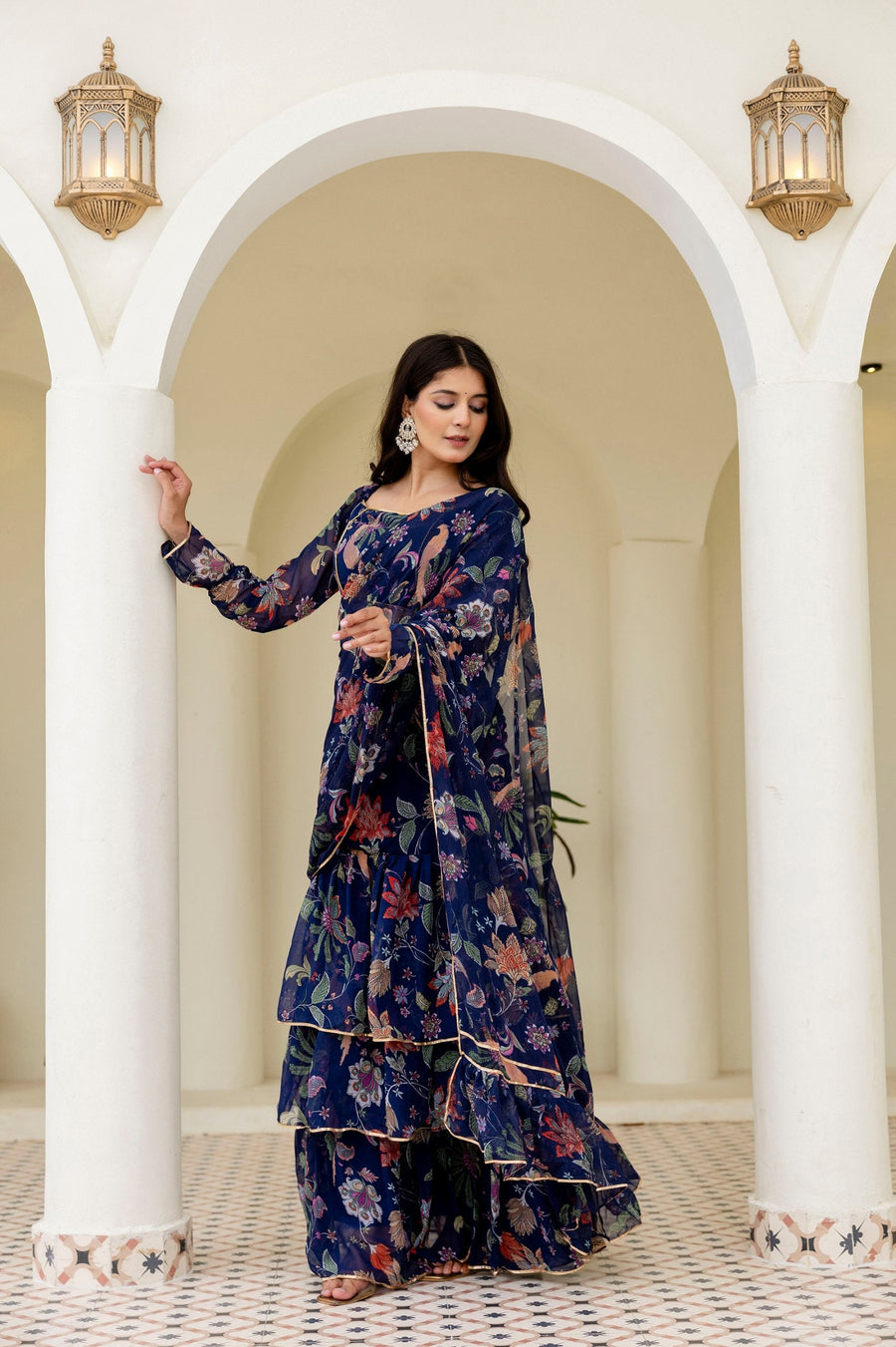 Blue Ready-to-Wear Georgette 3-Layer Ruffle Saree with Floral Digital Print & Lace Border  Stitched Blouse Included