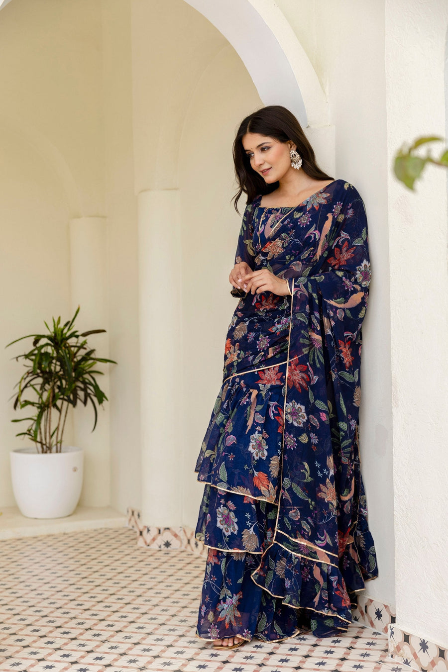 Blue Ready-to-Wear Georgette 3-Layer Ruffle Saree with Floral Digital Print & Lace Border  Stitched Blouse Included