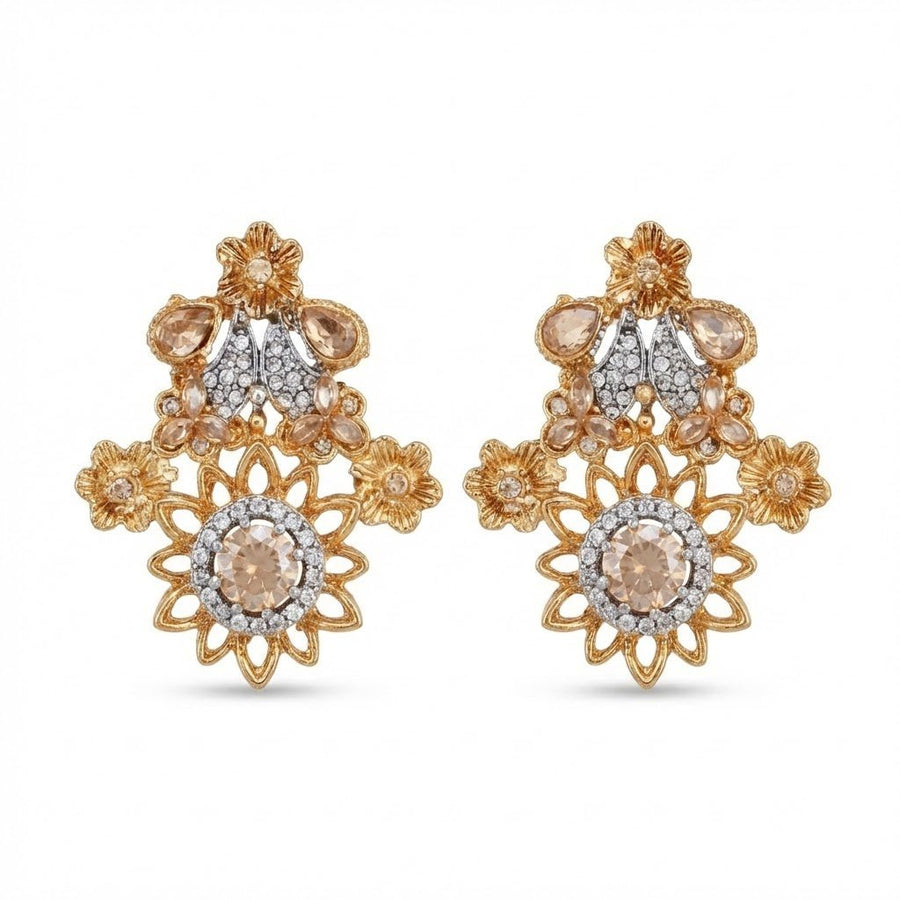 Champagne beige gemstone floral earrings with sparkling clear accents and gold-tone metal on white background