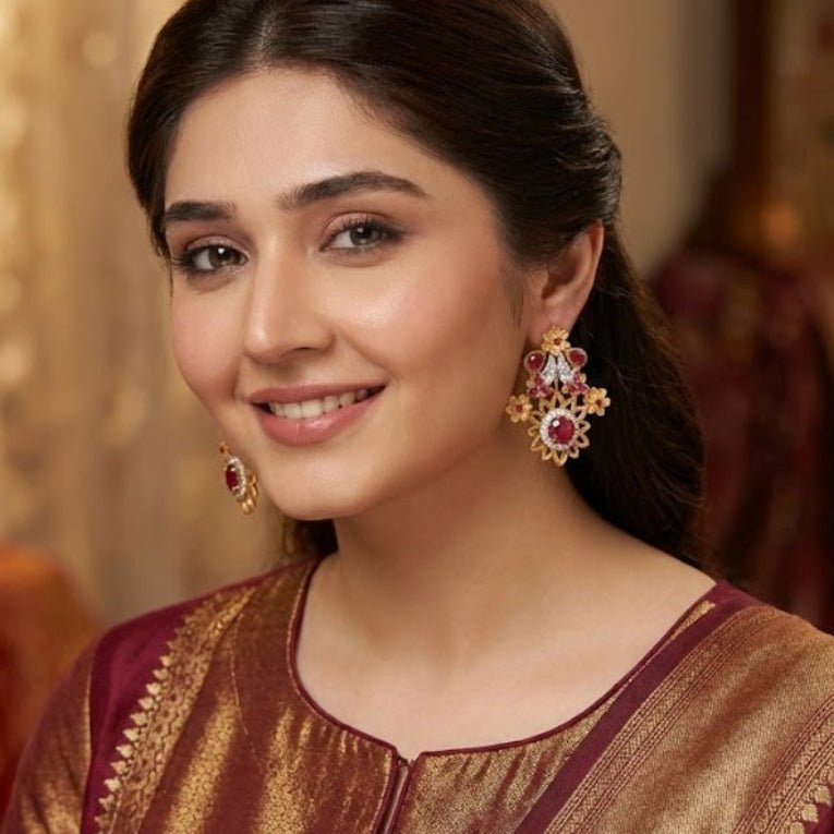 Woman wearing deep red floral gemstone statement earrings paired with maroon and gold traditional dress indoors