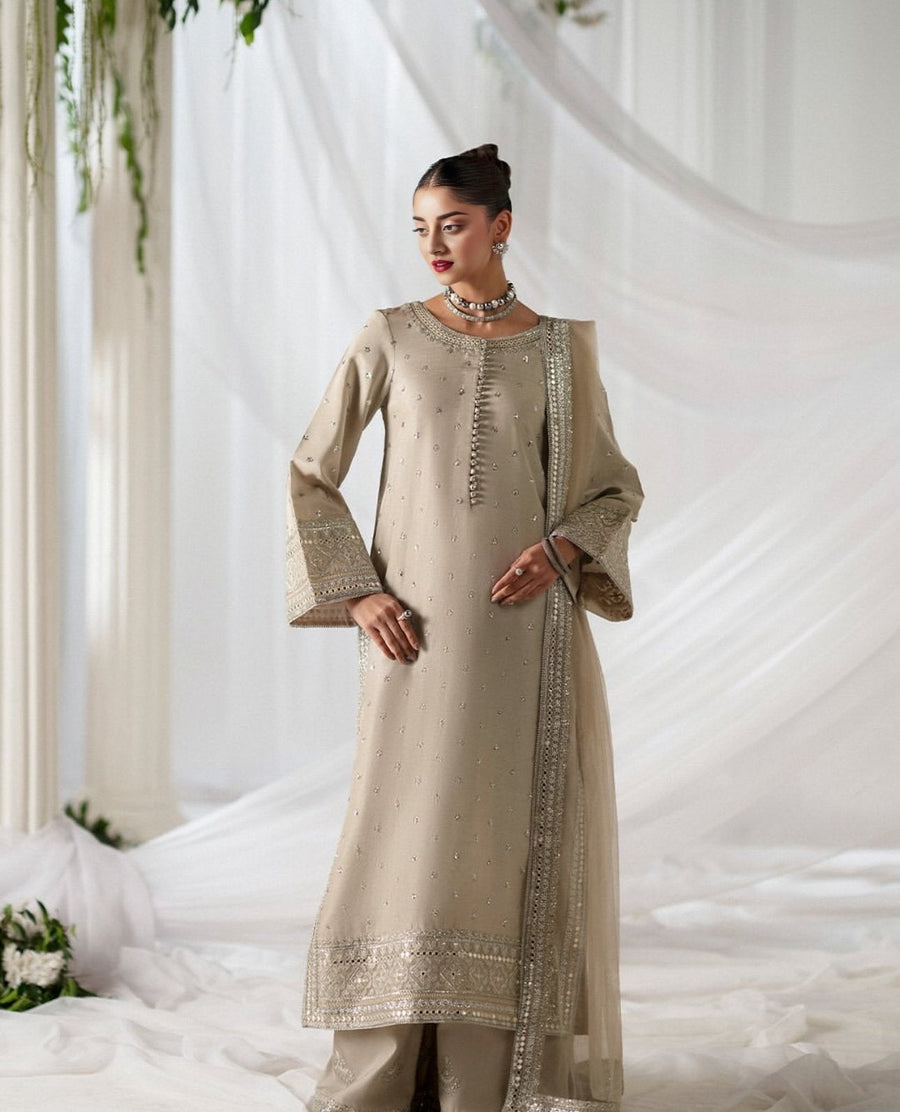 Moonlight Beige | 3 piece Embroidered Stitched suit