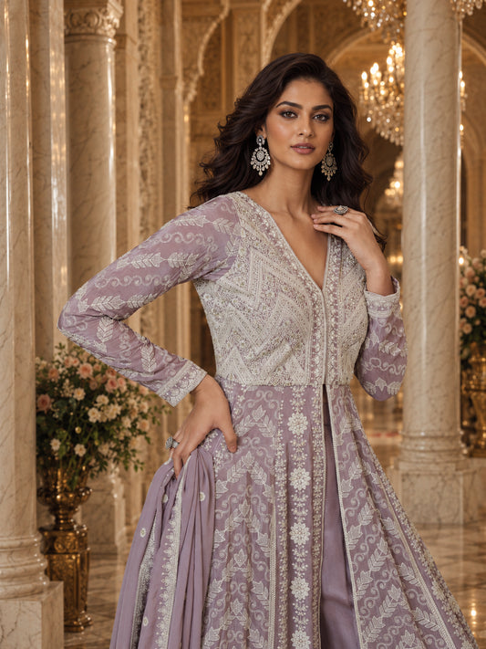 Lavender Lucknowi Chikankari Embroidered Georgette Anarkali Kurta Set with Palazzo & Dupatta