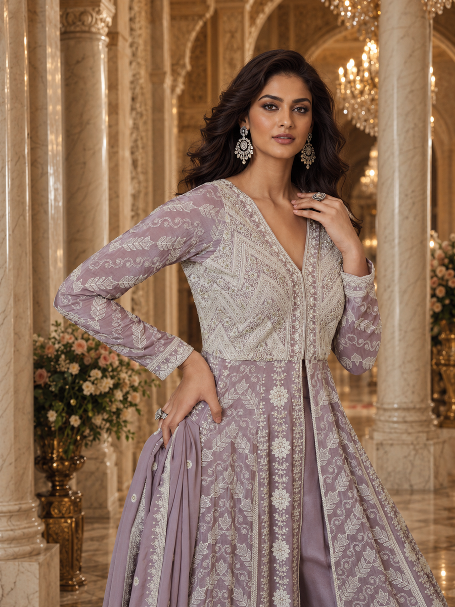 Lavender Lucknowi Chikankari Embroidered Georgette Anarkali Kurta Set with Palazzo & Dupatta