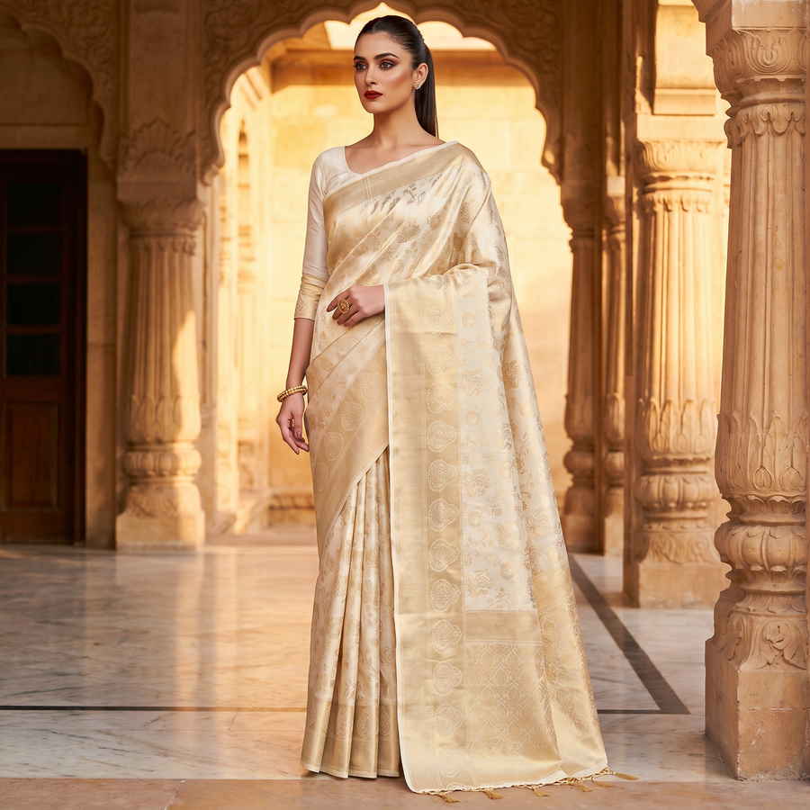 White Gold Woven Kanjivaram Saree - Special Wedding Edition - Pehnaawaa