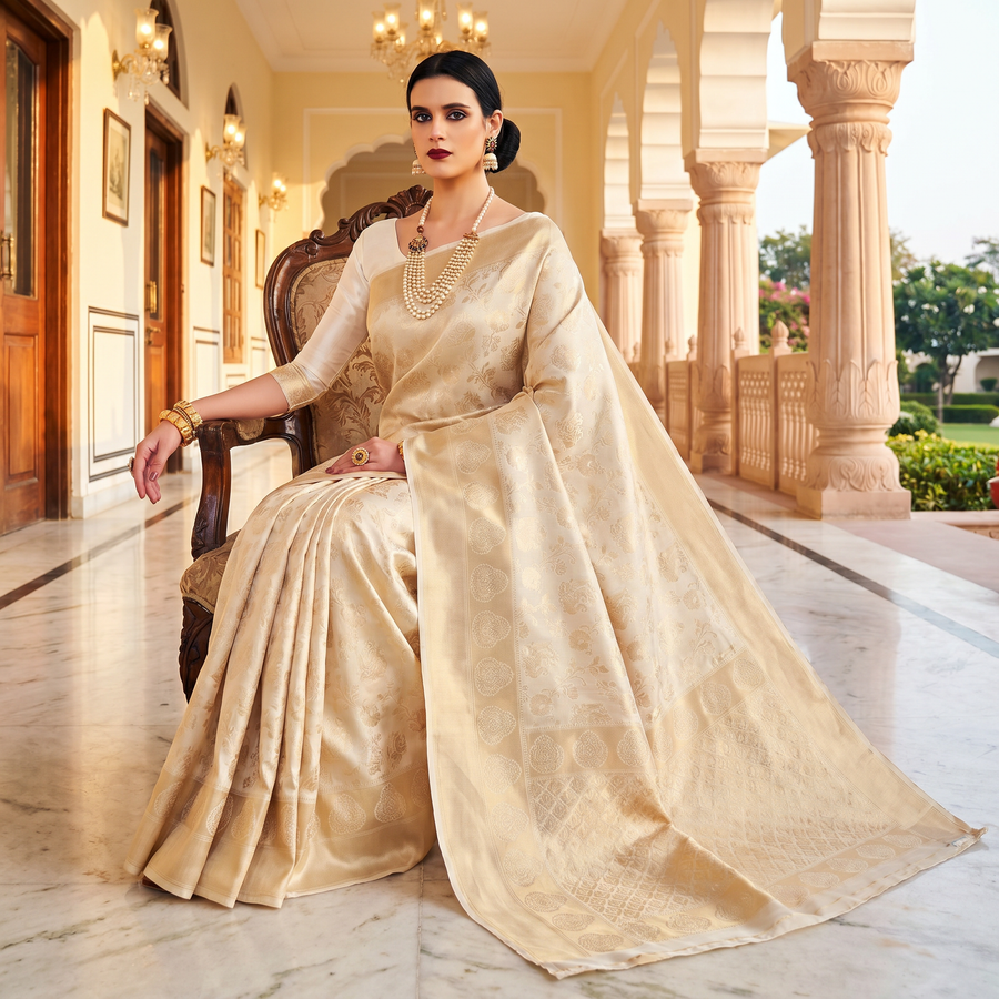 White Gold Woven Kanjivaram Saree - Special Wedding Edition - Pehnaawaa