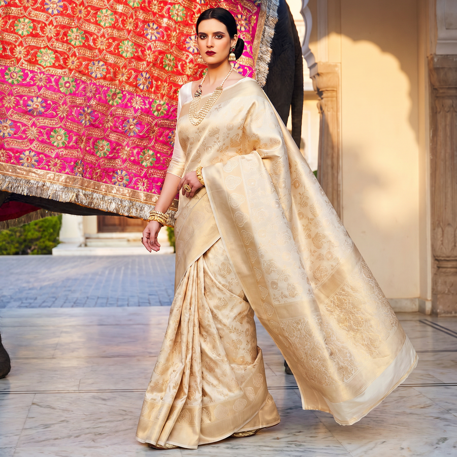 White Gold Woven Kanjivaram Saree - Special Wedding Edition - Pehnaawaa