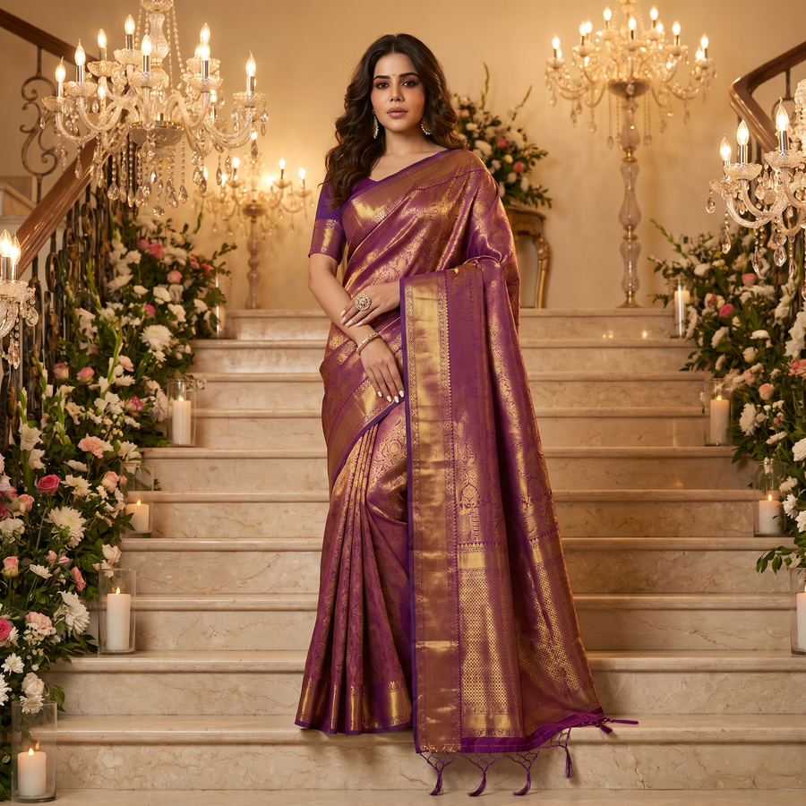 Wine Purple Woven Kanjivaram Saree - Pehnaawaa