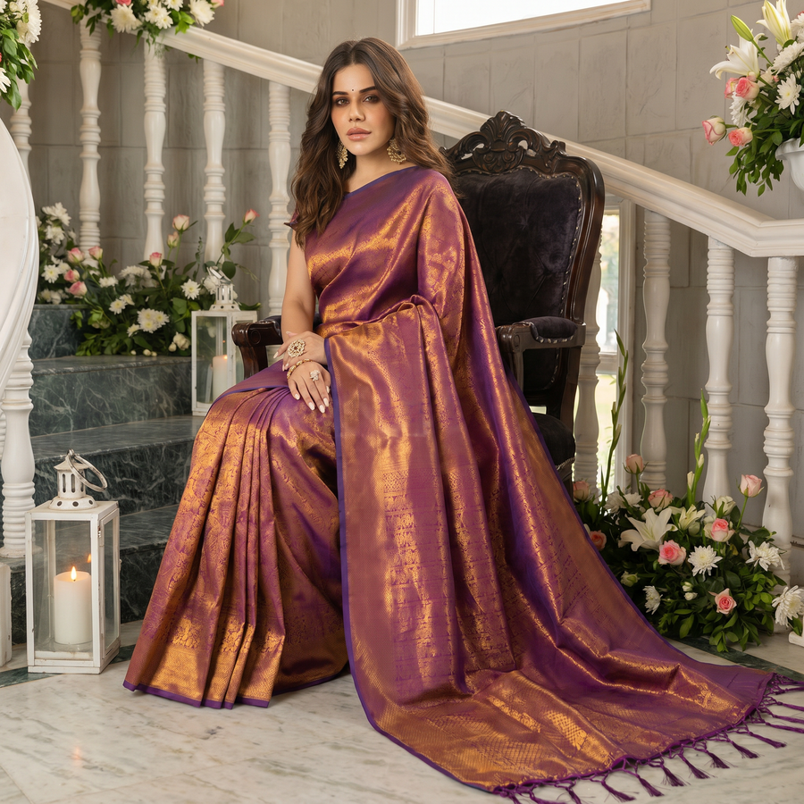 Wine Purple Woven Kanjivaram Saree - Pehnaawaa