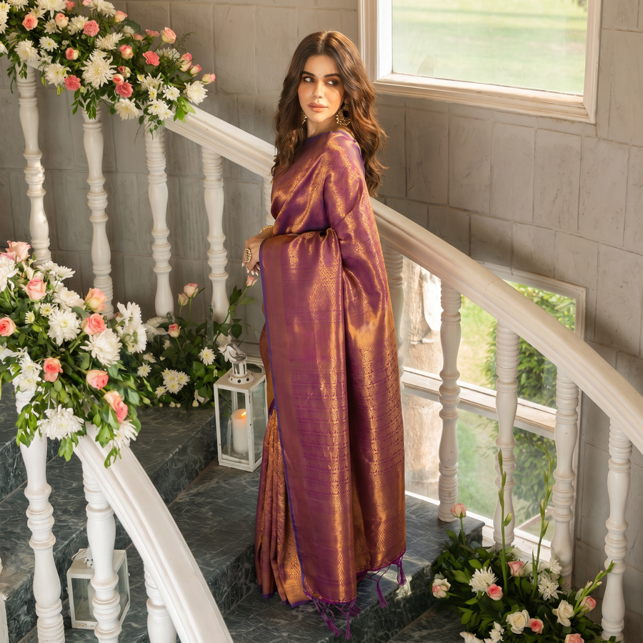 Wine Purple Woven Kanjivaram Saree - Pehnaawaa
