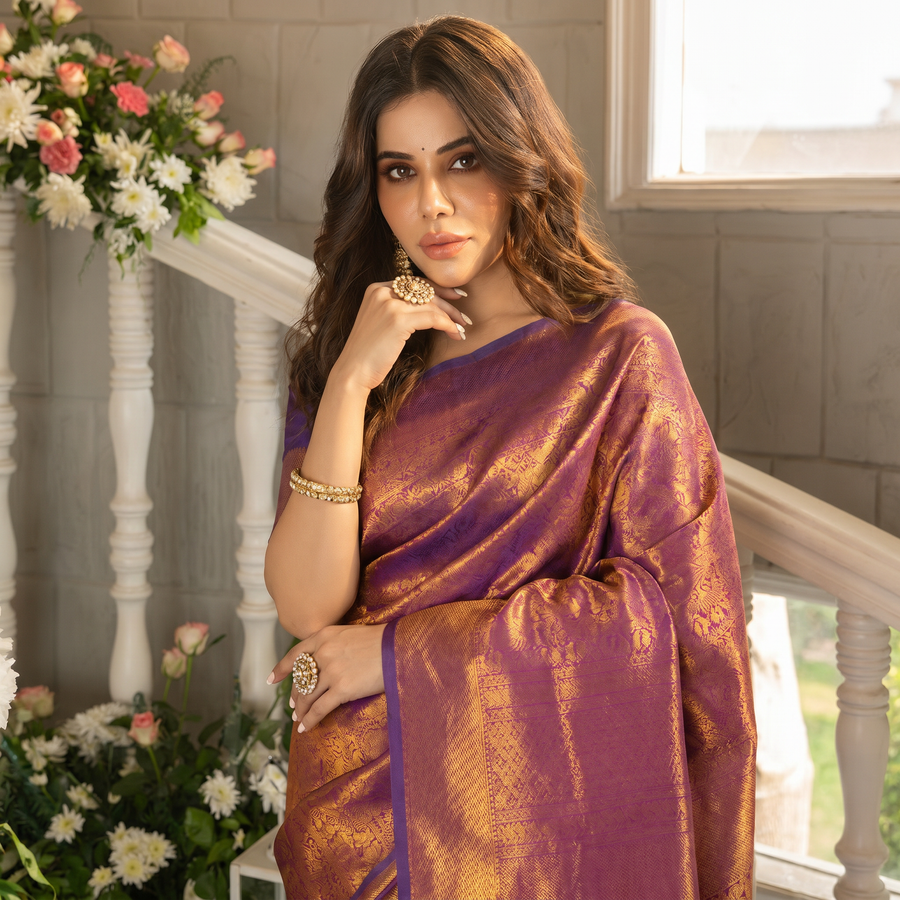 Wine Purple Woven Kanjivaram Saree - Pehnaawaa