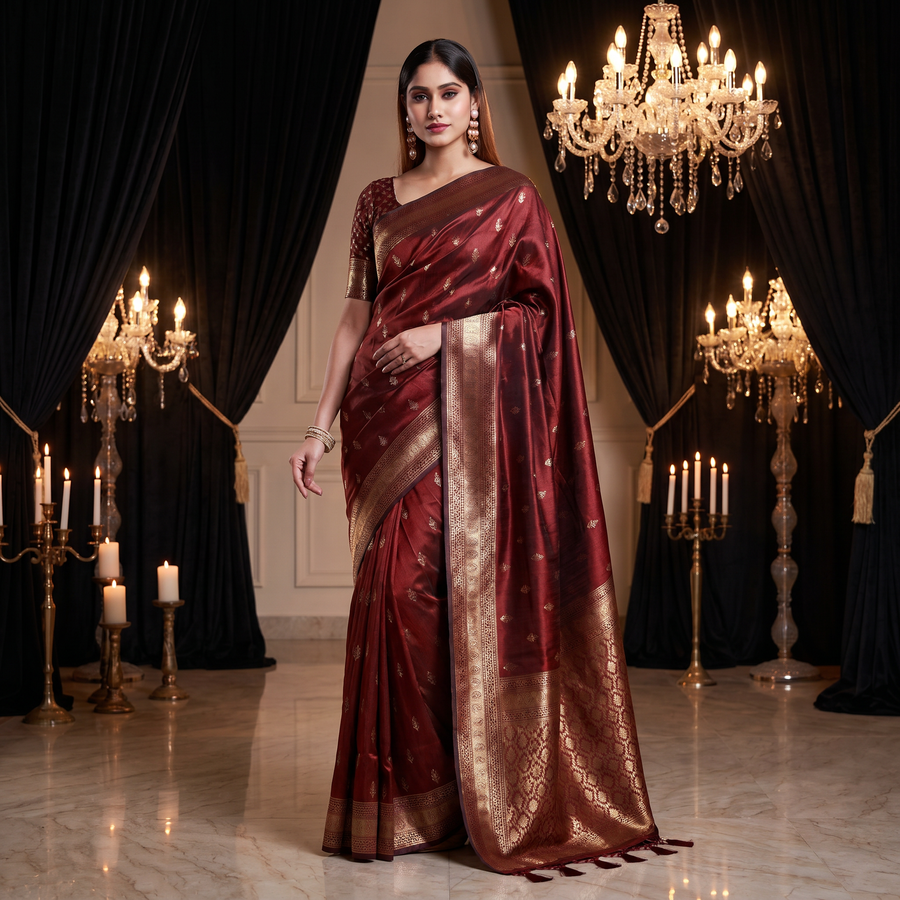 Mahogany Maroon Banarasi Saree - Pehnaawaa