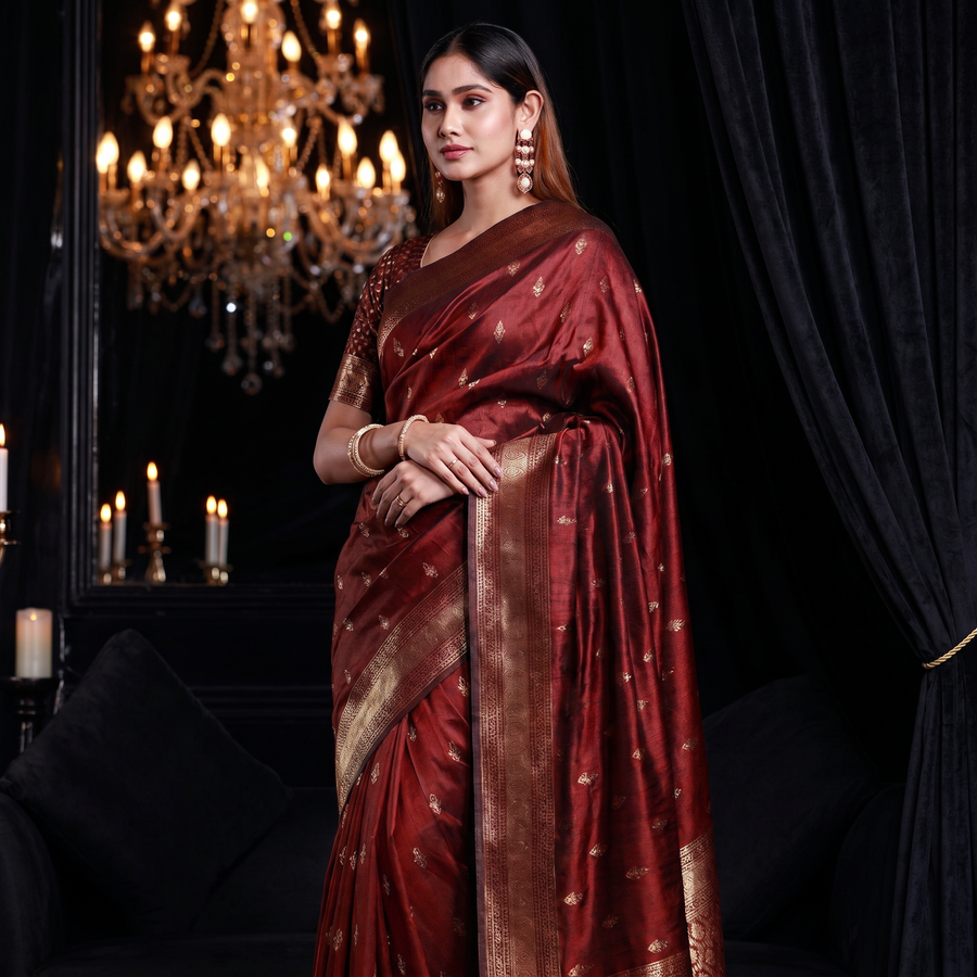 Mahogany Maroon Banarasi Saree - Pehnaawaa