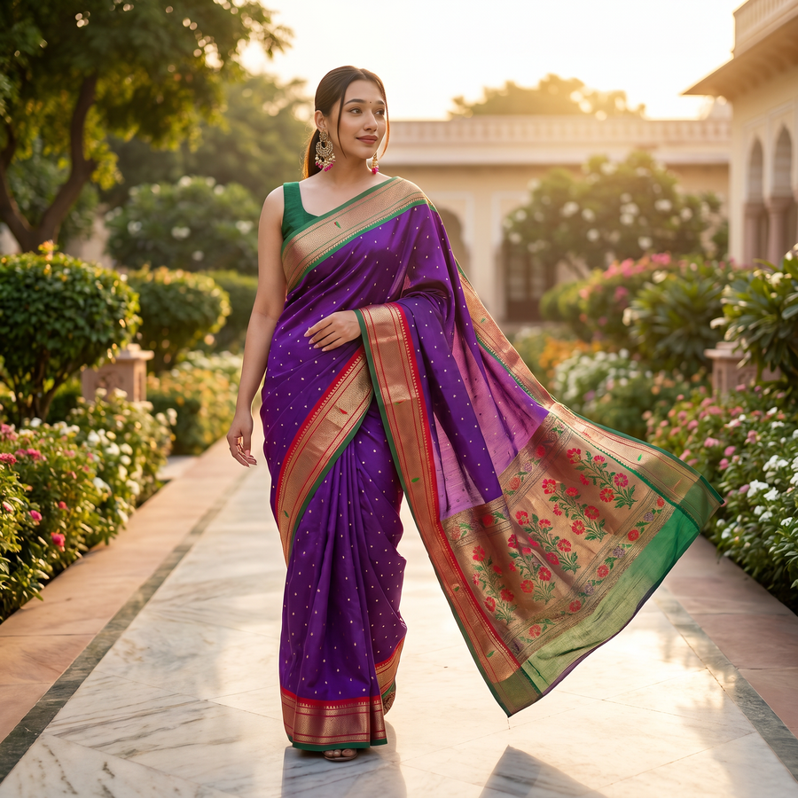 Blissful Purple Paithani Silk Saree With Brood Blouse Piece - Pehnaawaa