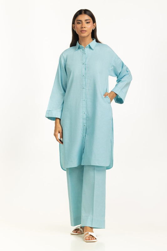 Aqua Cotton Chambray 2-Piece Shirt Set | Relaxed Collar