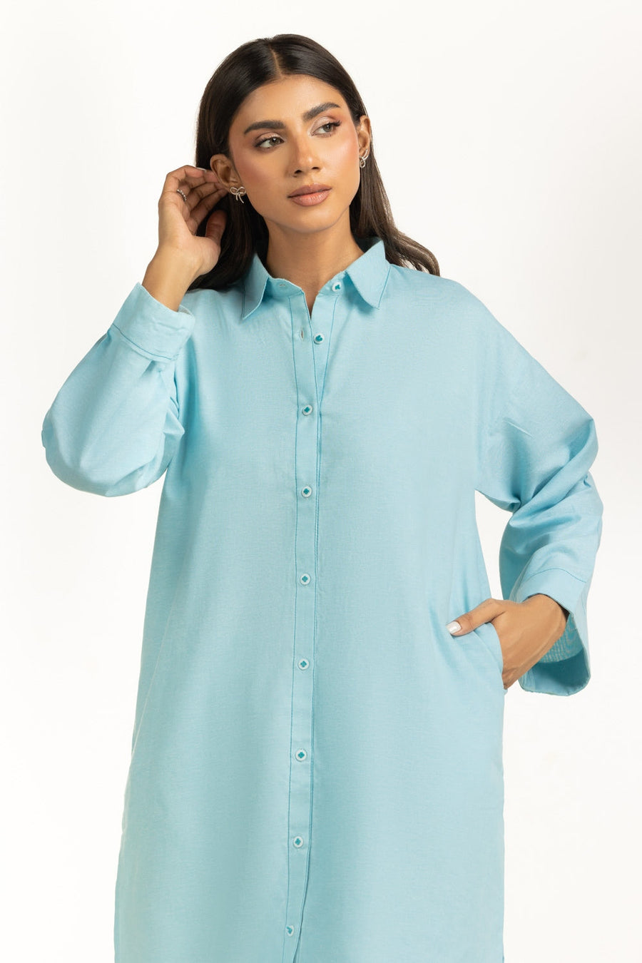 Aqua Cotton Chambray 2-Piece Shirt Set | Relaxed Collar