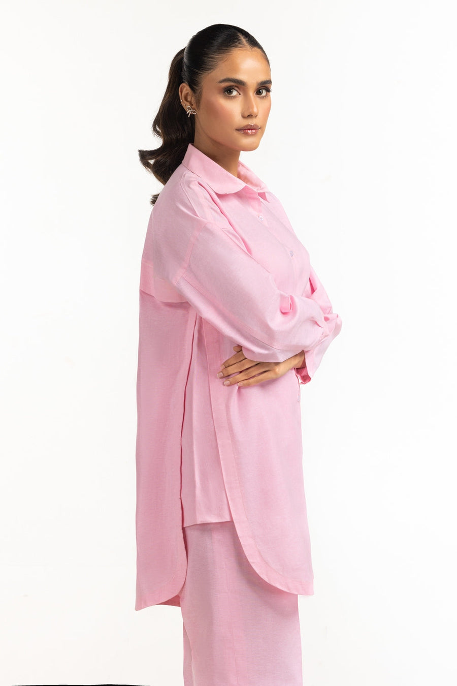 Tea Pink Cotton 2-Piece Co-ord Set | Relaxed Shirt Collar