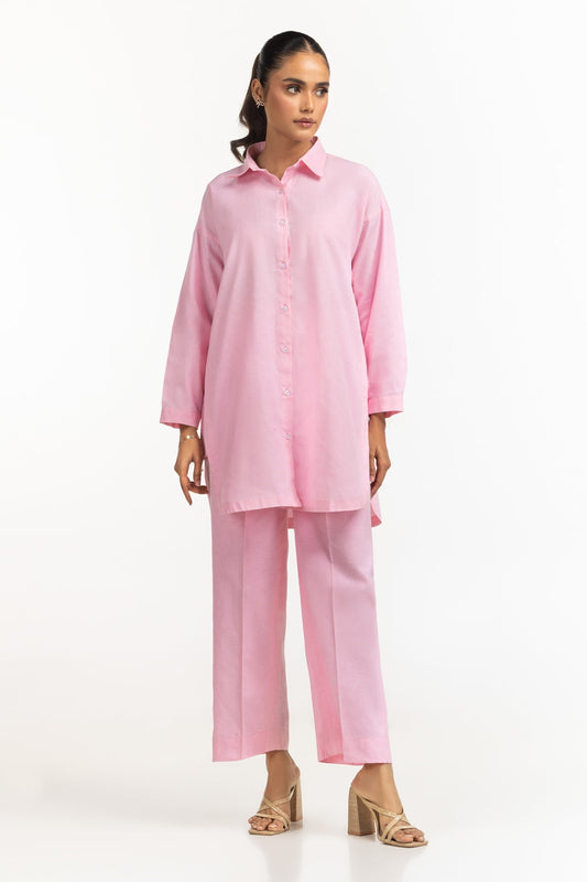 Tea Pink Cotton 2-Piece Co-ord Set | Relaxed Shirt Collar