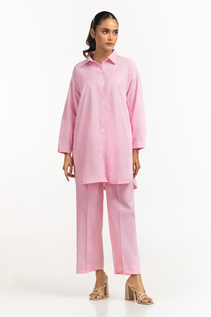 Tea Pink Cotton 2-Piece Co-ord Set | Relaxed Shirt Collar