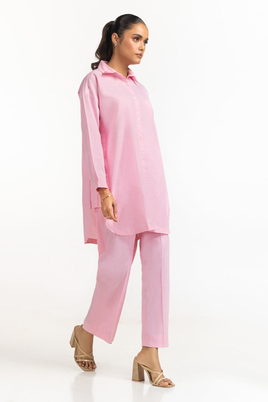 Tea Pink Cotton 2-Piece Co-ord Set | Relaxed Shirt Collar