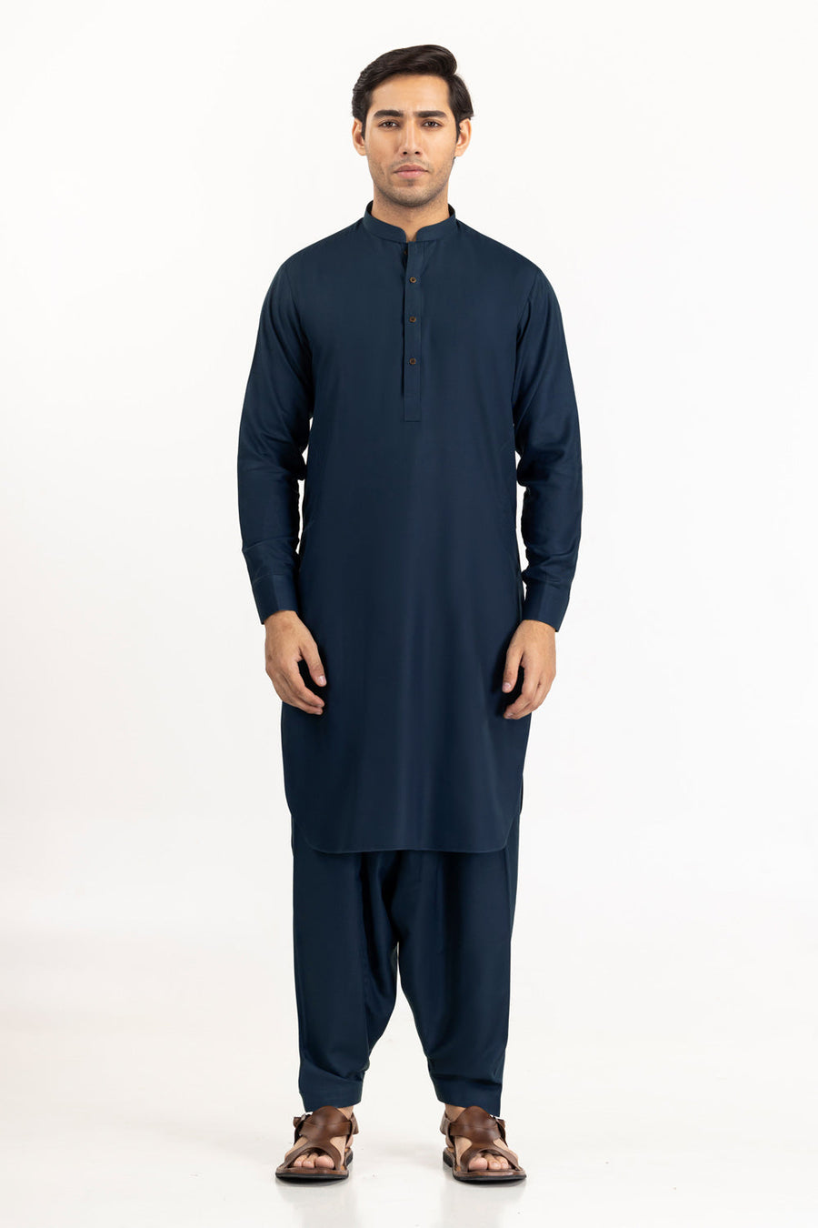 Midnight Navy Cotton Silk 2-Piece Kurta | Mandarin Collar