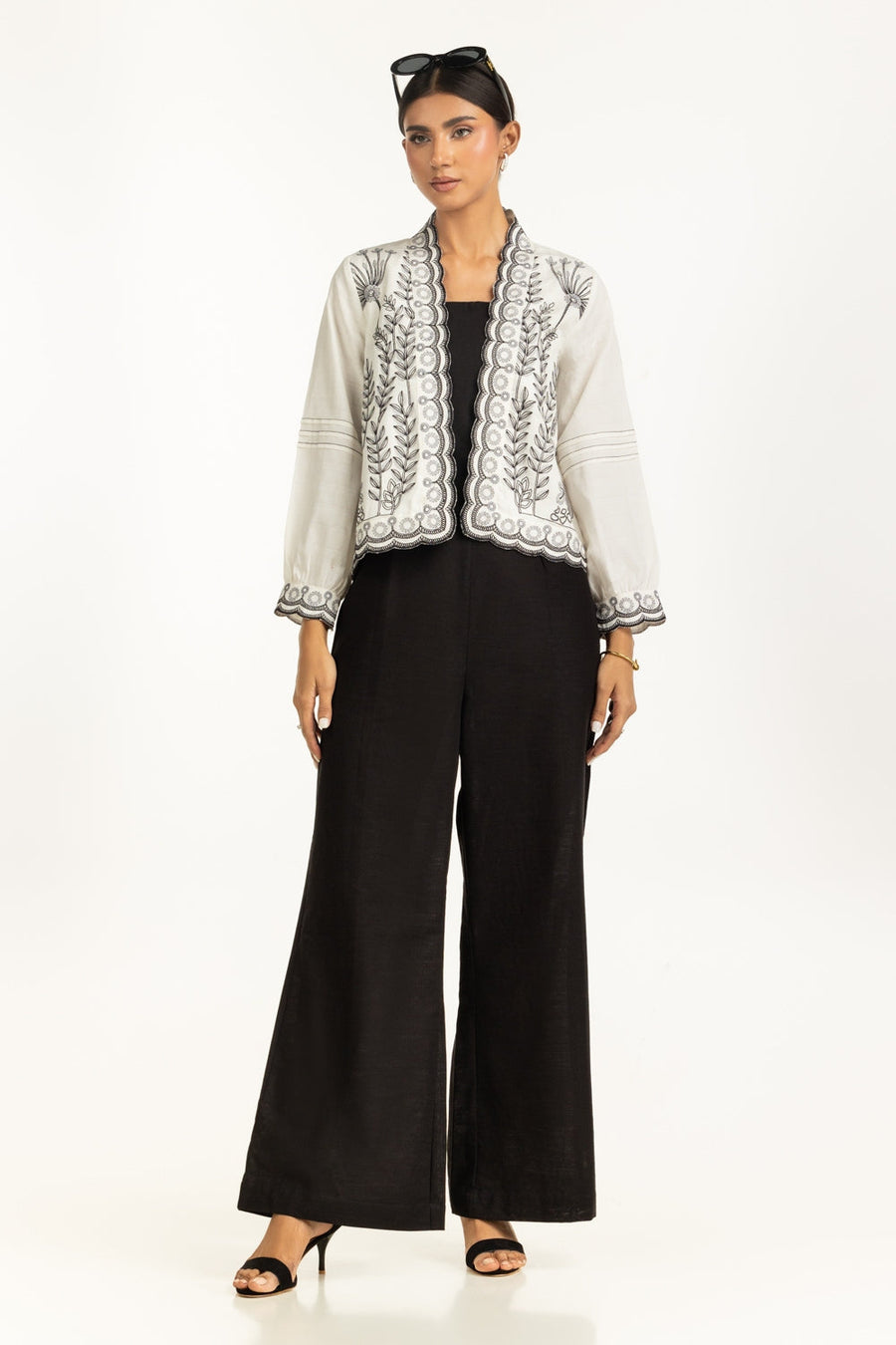 Ivory Cotton Dobby 2-Piece Palazzo Set | Schiffli Embroidered Jacket