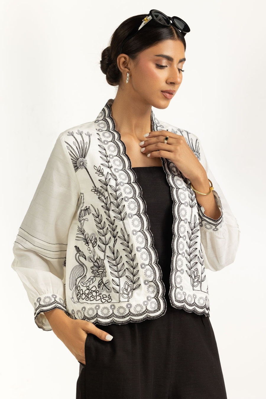 Ivory Cotton Dobby 2-Piece Palazzo Set | Schiffli Embroidered Jacket