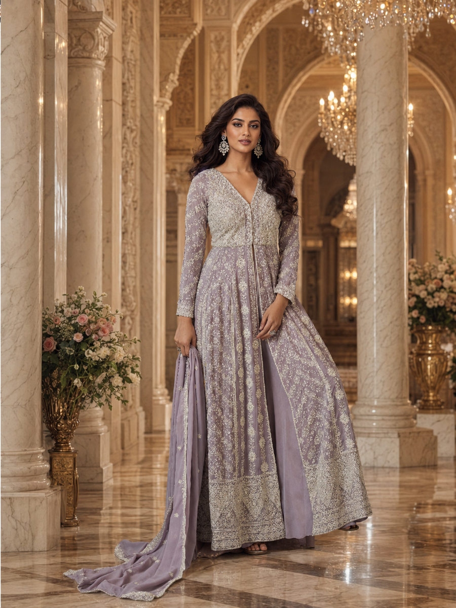Lavender Lucknowi Chikankari Embroidered Georgette Anarkali Kurta Set with Palazzo & Dupatta