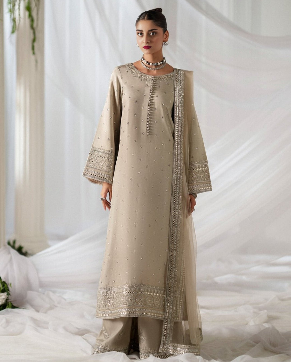Moonlight Beige | 3 piece Embroidered Stitched suit