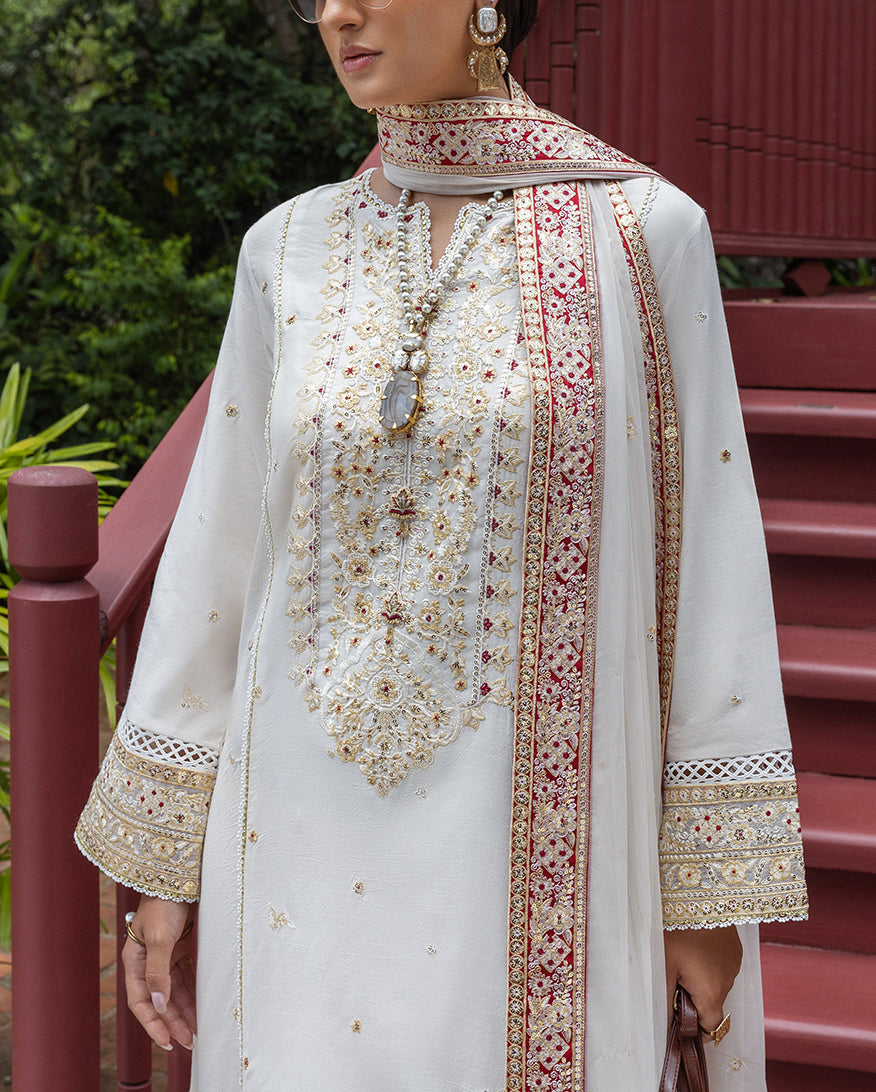 Close-up of torso showing intricate gold and red embroidery on the neckline, sleeves, and dupatta border of ivory raw silk suit.