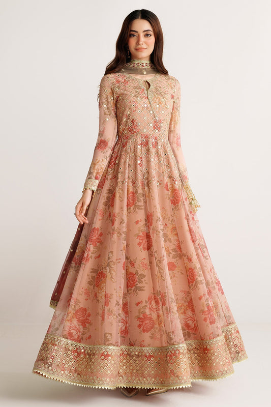 Full body front view of model showcasing peach floral embroidered chiffon Anarkali suit with gold detailed hems