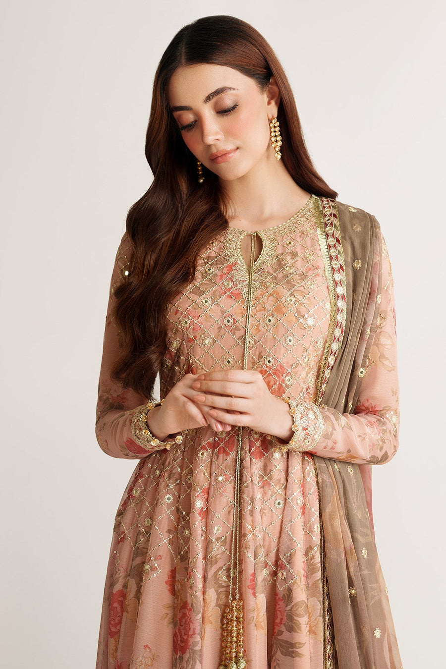 Back side view of embroidered floral peach chiffon Anarkali suit showing full embroidery details