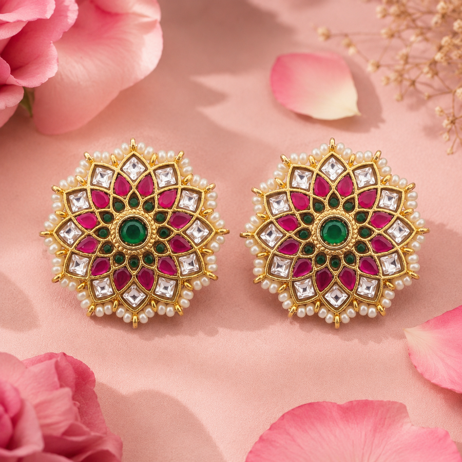Pink and Green Jadau Kundan Floral Stud Earrings with Pearl Border